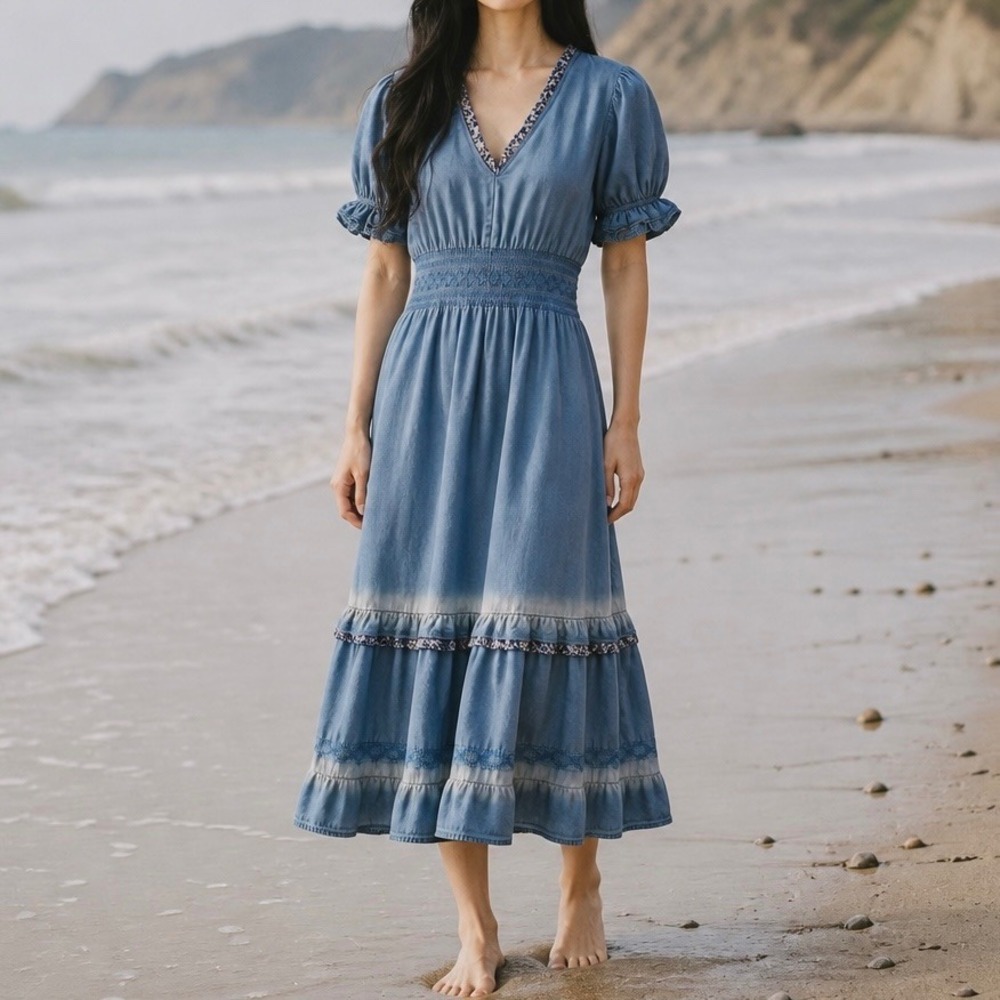 Womens‎ Blue Smocked Waist Tiered Maxi Dress S/M Boho Coastal Floral Light Wash